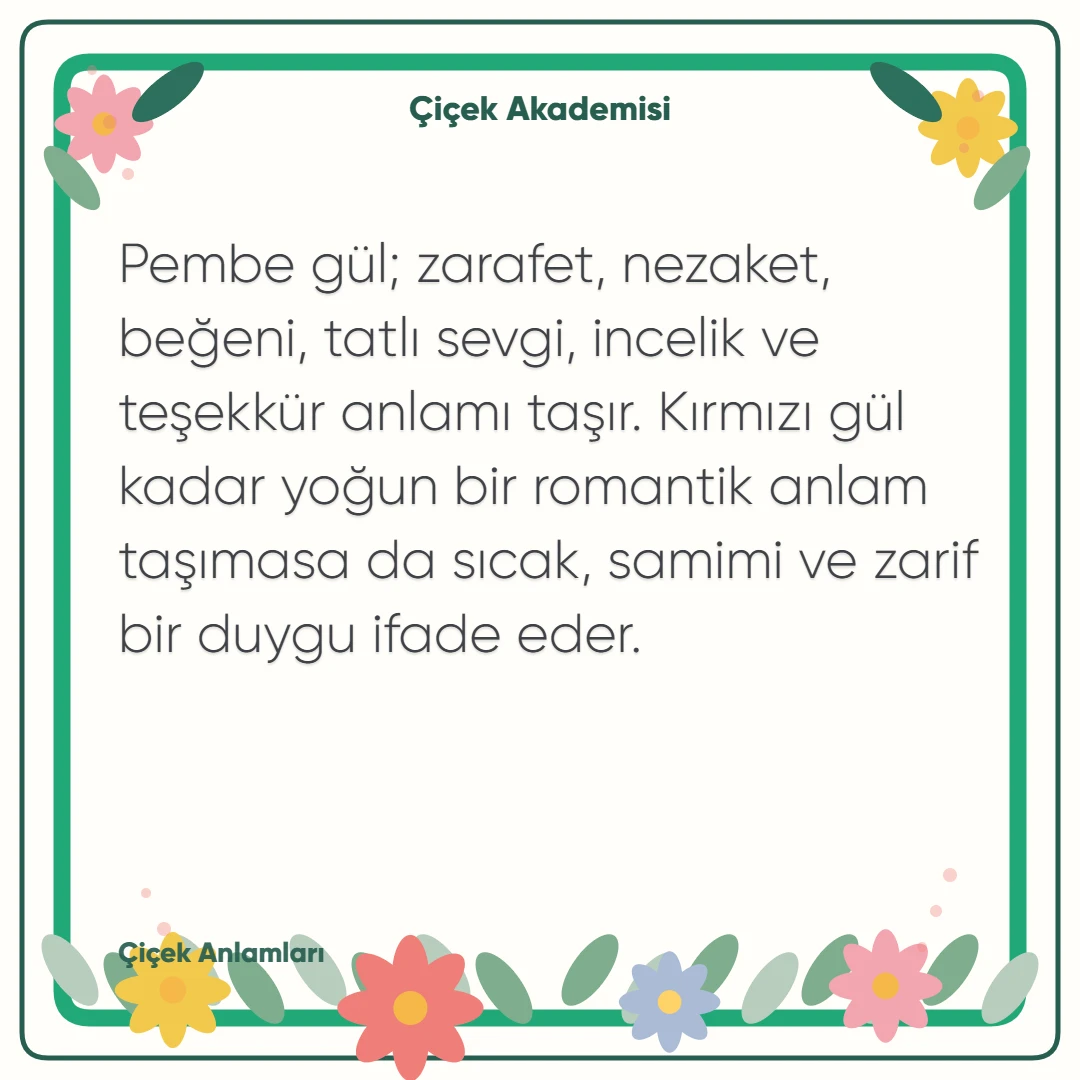 Kart notu görseli 1: Pembe gül; zarafet, nezaket, beğeni, tatlı sevgi, incelik ve teşekkür anlamı taşır. Kırmızı gül kadar yoğun bir romantik anlam taşımasa da sıcak, samimi ve zarif bir duygu ifade eder.