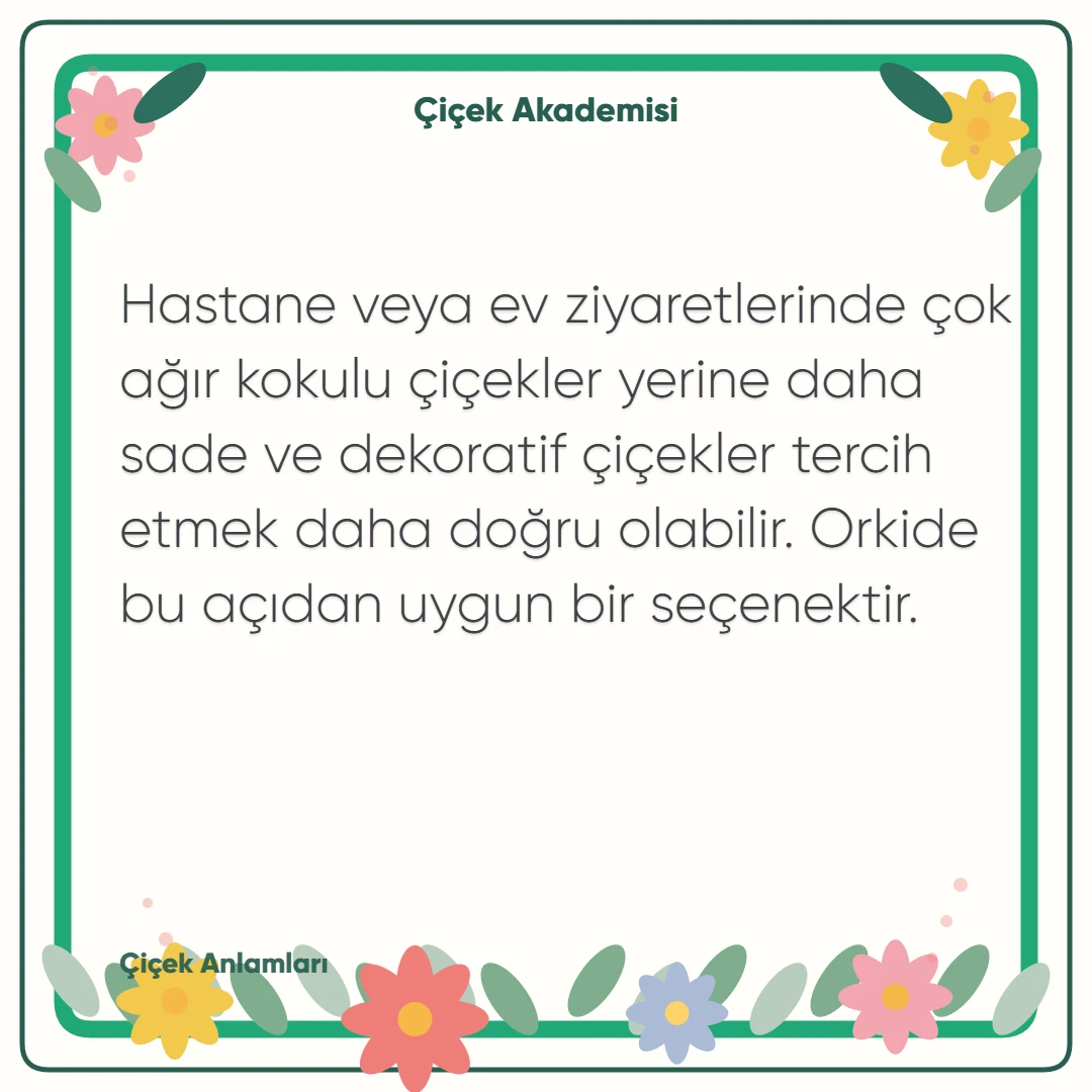 Kart notu görseli 1: Hastane veya ev ziyaretlerinde çok ağır kokulu çiçekler yerine daha sade ve dekoratif çiçekler tercih etmek daha doğru olabilir. Orkide bu açıdan uygun bir seçenektir.