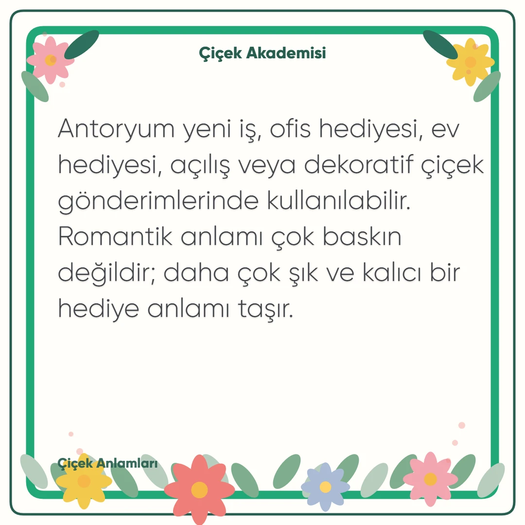 Kart notu görseli 2: Antoryum yeni iş, ofis hediyesi, ev hediyesi, açılış veya dekoratif çiçek gönderimlerinde kullanılabilir. Romantik anlamı çok baskın değildir; daha çok şık ve kalıcı bir hediye anlamı taşır.