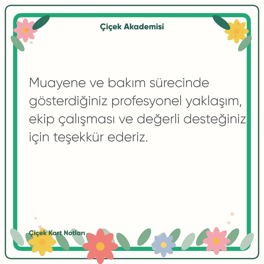 Kart notu görseli 1: Muayene ve bakım sürecinde gösterdiğiniz profesyonel yaklaşım, ekip çalışması ve değerli desteğiniz için teşekkür ederiz.